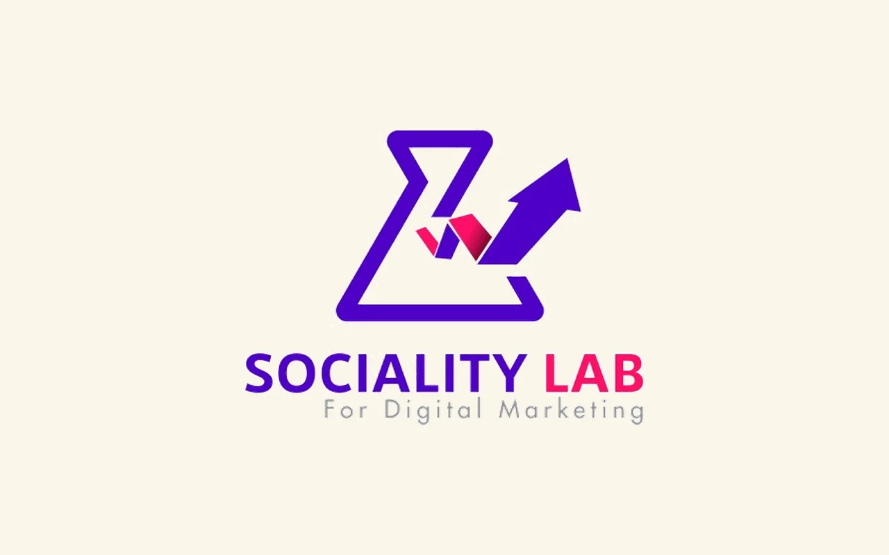 SocialityLab logo: a purple laboratory flask outline with a pink-to-purple growth arrow rising out of it, above the words SOCIALITY LAB and the tagline For Digital Marketing